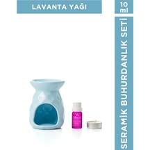 Volkan Ates Natural & Beauty Seramik Buhurdanlık Seti Açık Mavi Renk + Lavandula Angustifolia Saf Lavanta Yağı 10 Ml + Mum Mavi