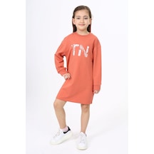 Toontoy Kız Çocuk Baskılı Relax Fit Bisiklet Yaka Uzun Kollu Elbise - Kiremit