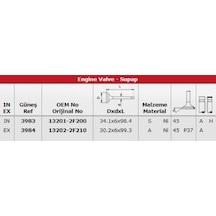 Gunes 3983-3984 Subap Takımı Prımera 1,6 16v 1996-2002 P11 Kasa Ga16 Motor Em 16 Subap