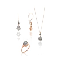 Gümüş Rose Zirkon Taşlı Elmas Montürlü Çiçek Modeli Set Barcode Rose Gold - Rodyum