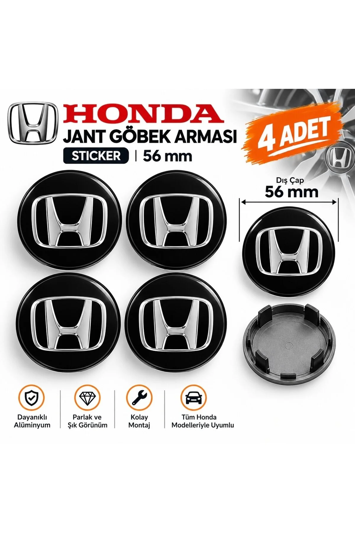 Honda Logolu Alüminyum Jant Göbeği Arması Sticker Siyah 56mm - 4 Adet