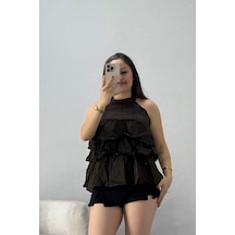 Modi Halter Yaka Katlı Bluz Kahve - 4277.1247. Altın - Siyah