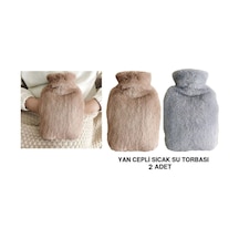 Sıcak Su Torbası 2 Adet,yan Cepli Peluş Termofor 27x17x2cm 750ml Bej-gri