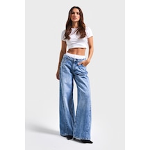 Itsbasic Kadın Mavi Kot Rengi 4s5-4 Boxer Detaylı Palazzo Fit %100 Koton Denim Jean Mavi 4s5-4