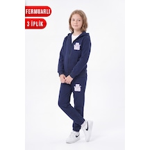 Panios Kids 3 İplik Kız Çocuk Baskılı Kapüşonlu Fermuarlı Eşofman Takımı Lacivert