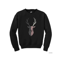 Geyik Çizim Siyah Sweatshirt