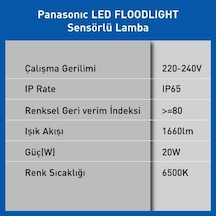 Led Projektör Sensorlü, Beyaz Işık 20w 1660lm 6500k