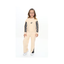 Toontoy Kids Toontoy Kız Çocuk 2'li Takım Baskılı Kolej Yaka Fermuarlı Reglan Kol Sweatshirt & Beli Paçası Ribanalı Jogger Eşofman Altı - 2 İplik Bej