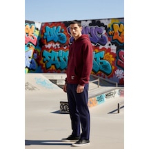 Benerly Erkek Kapüşonlu Düşük Kol Uzun Kollu Oversize Kalıp Sweatshirt Fo Bordo