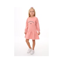 Toontoy Kız Çocuk Baskılı Regular Fit Bisiklet Yaka Uzun Kollu Lastikli Elbise Mercan