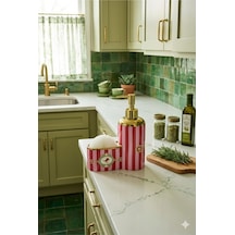 Kuş Motifli Gold Detaylı Çizgili Porselen Sıvı Sabunluk + Bulaşık Süngeri + Süngerlik Seti 500 Ml 20 X 15 X 7 Cm Kırmızı - Pembe - Gold