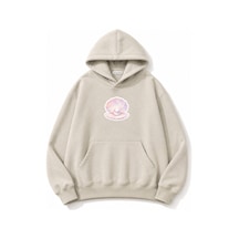 Herkesemoda İnci Baskılı Kapüşonlu 2 İplik Şardonlu Sweatshirt Bej