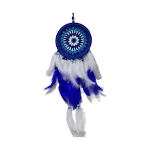 Nazar Boncuğu Desenli Bol Kuş Tüylü Lacivert Dream Catcher El Yapımı Duvar Dekoru