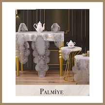 Kahveci.store Salon Takımı 7 Parça Keten Masa Örtüsü Runner Seti Çeyizlik Palmiye Model Gri 22