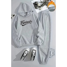Unisex Yıldız Detaylı Fantastic Baskılı Kapüşonlu Gri Eşofman Takımı - Kışlık Şardonlu Kumaş Gri Unisex Yıldız Detaylı Fantastic Baskılı Kapüşonlu Gri Eşofman Takımı - Kışlık Şardonlu Kumaş Gri