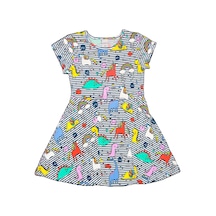 Lovetti Kız Çocuk Rainbow Unicorn Pattern Short Sleeves Flared Dress 5910-87 Çok Renkli