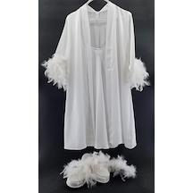 Bride Set Tüylü Model Gümüş Taş İşlemeli Sabahlık /Gecelik Terli