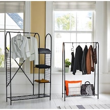 Bye Concept & More 2'li Askılık Seti Siyah Metal Raflı Portmanto ve Elbise Askılığı