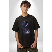 Cadılar Siyah Güller Pamuklu Bisiklet Yaka Unisex Oversize Boyfriend Dijital Baskılı Siyah T-shirt Siyah