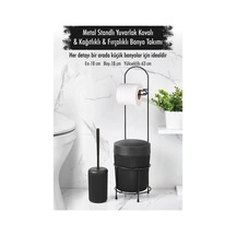 Metal Standlı Yuvarlak Kovalı & Kağıtlıklı & Fırçalıklı Siyah Banyo Takımı Çok Renkli