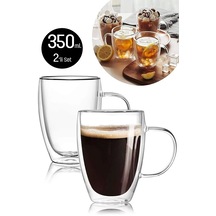 Çift Cidarlı Bardak Kupa 350 Ml Ev Ofis Espresso Kahve Çay Fincanı Borosilikat Kulplu