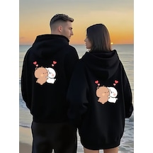 Nevermind Romantik Çift Sweatshirt Sevimli Ayıcık Desenli Oversize Kapüşonl Siyah