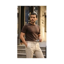 Butik İstanbul Erkek Basic Bisiklet Yaka Kısa Kollu Triko Tişört - %100 Pamuk Akrilik Kahverengi