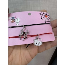 Hello Kitty Örümcek Adam İkili Çift Renkli Tasarım 925 Ayar Gümüş Renkli