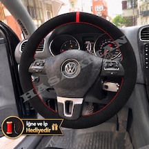 Vw Caddy 3 Dikme Direksiyon Kılıfı Full Alcantara Süet Kırmızı Yüzük Ve Kırmızı Dikiş 2010-2015 Siyah