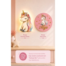 Ahşap Unicorn İsme Özel Pilli Ledli Gece Lambası Ve Unicorn Ahşap Kapı Süsü Seti Bebek Çocuk Odası Pembe