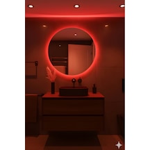 Digital Hayat Dokunmatik Dimlenebilir Kırmızı Led Işıklı Yuvarlak Ayna Dekoratif Banyo Makyaj Aynası Kırmızı