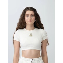 Zekids Kız Çocuk Fitilli Yarım Kollu Crop T-shirt-15799 Krem Yeşil