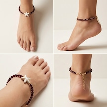 Parlak Yıldız Figürlü Bordo Halhal - Minimalist Tasarım Zincir Bijuteri Halhal Laci