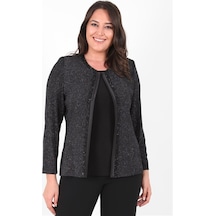 Ladies First Büyük Beden 3115 Siyah Gümüş Ceket+Atlet Abiye Ikili Takım