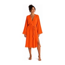 Bohemia Müslin Kimono Bornoz Püskül Detaylı Yırtmaçlı Spa & Plaj Kimonosu Turuncu