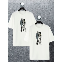 Unisex Kadın Erkek Kalp Motosiklet Tutkunları Sevgili Çift Kombini Tasarım Oversize Tshirt 2'li Beyaz Mck2121 Beyaz