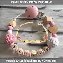 Sahi Aksesuar İsimli Bebek Emzik Zinciri ve İsimli Bebek Künye Seti BEZYI305 Pembe