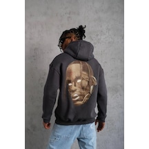 Erkek Kordonlu Arka Maske Kordon Saçlı 3 İplik Pamuklu Kapüşonlu Sweatshirt - Füme