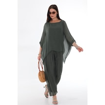 Bohem Stil İtalyan Yarasa Kol İpek Bluz & Pantolon Takım-8767 Koyu Haki