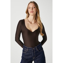Ritnice Kadın Rich Kalp Yaka Polyamid Kahverengi Çıtçıtlı Body / Bluz Kahverengi