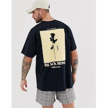 Tarzsokak Erkek Siyah Gül Sırt Baskılı Oversize Bisiklet Yaka T-shirt Siyah
