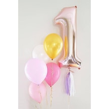 Rose 1 Rakamı Püsküllü Balon Set Pembe