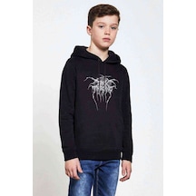 Tshirthane Dark Throne Baskılı Unisex Çocuk Kapüşonlu Siyah Sweatshirt Siyah