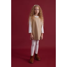 Kız Çocuk Deri Düğme Detaylı Elbise-bej
