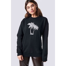 Silhouette Palm Trees Baskılı Siyah Kadın Sweashirt