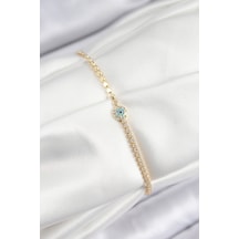 Pirinç Zirkon Taşlı Nazar Model Ezme Zincir Gold Renk Kadın Bileklik Altın