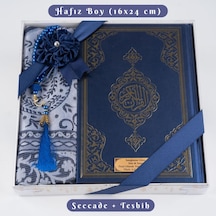 Kuran + Seccade + Tesbih Hediye Seti Hafız Boy, Ekonomik Cilt, Desenli Kutu, Lacivert
