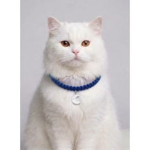 Lacivert El Örgüsü Makrome Kedi Tasması 27 Cm - Ay Figürlü Charm Şık Kedi Boyun Tasması