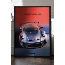 Porsche 992 Gt3 Siyah Ahşap Çerçeveli Poster, Dekoratif Araba Duvar Tablosu