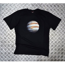 Saturn Baskılı Unisex %100 Pamuk Siyah T-shirt SIYAH